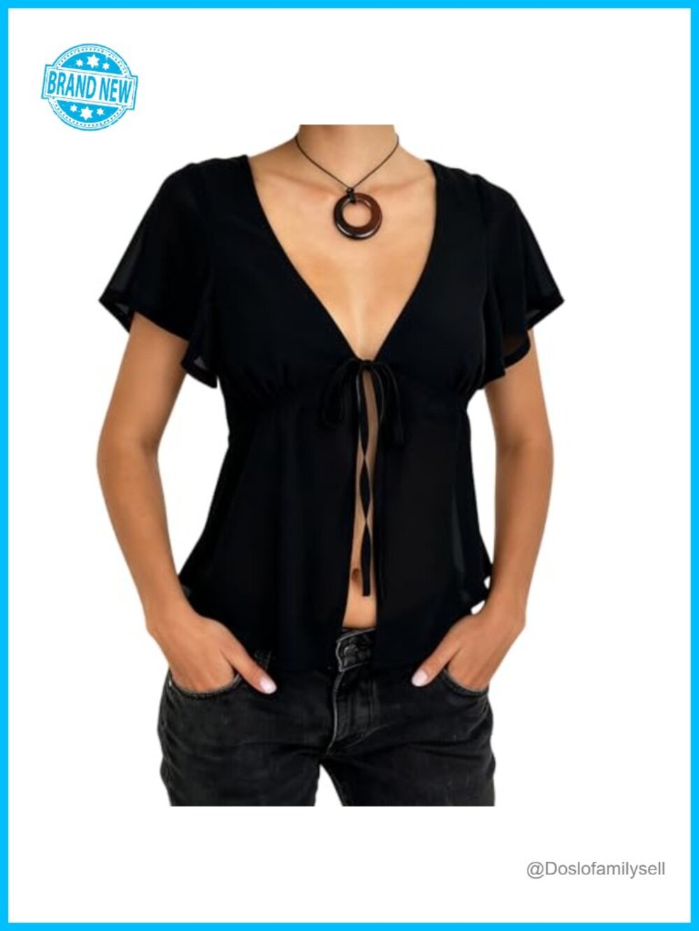 Women's Sexy Tie Front Mesh Crop Top Deep V Neck Short Sleeve Blouse